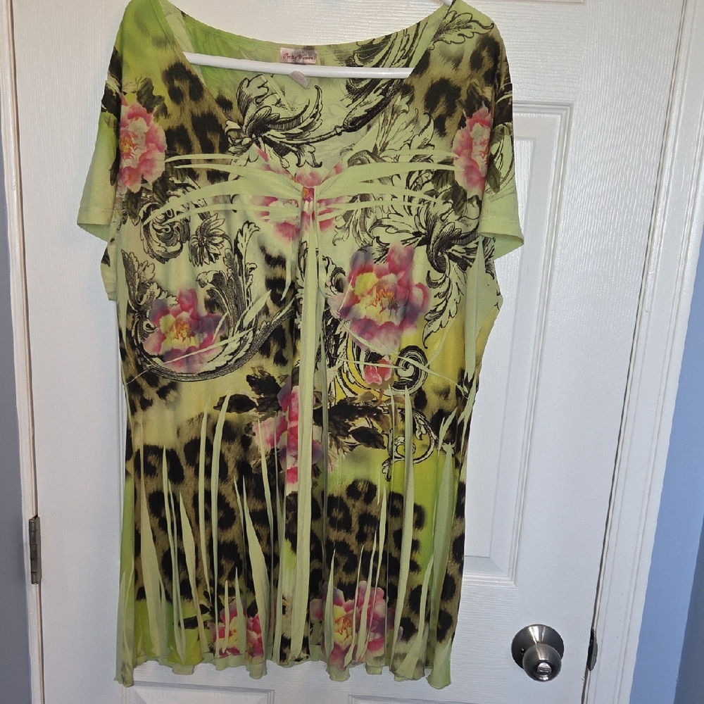Chic Lime Green Floral Leopard Print Blouse
